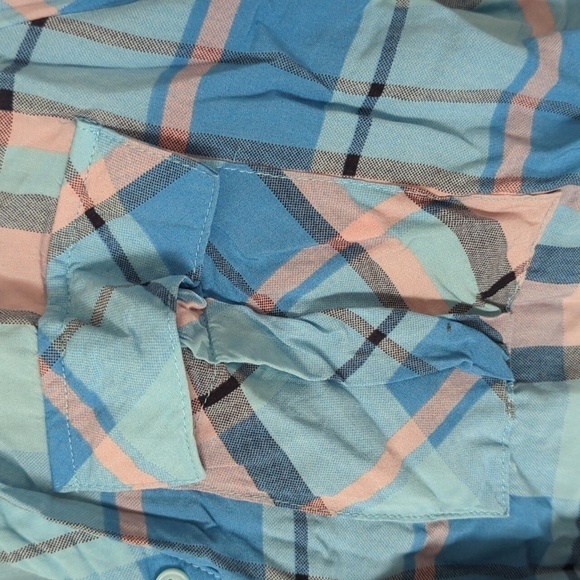 Ana Turquoise Pink Plaid Collarless Button Up Size Medium - Picture 3 of 6